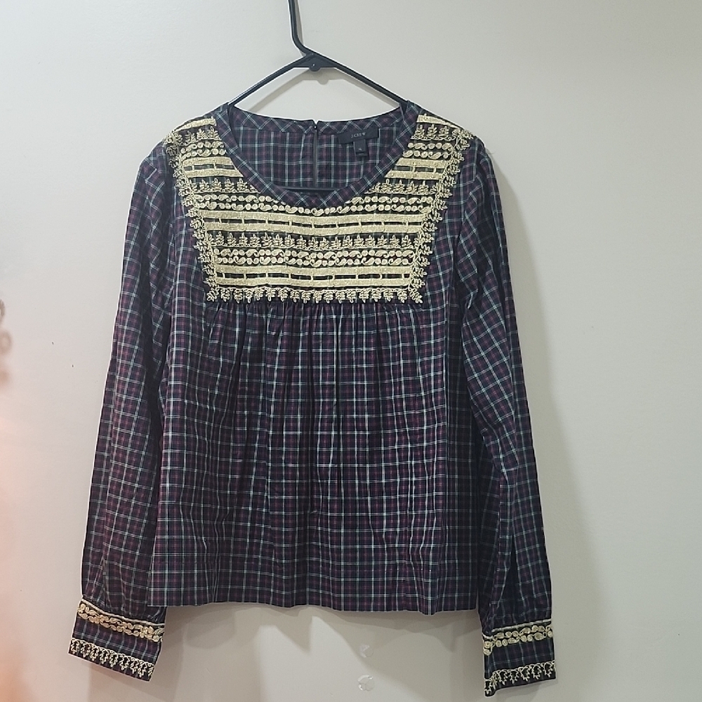 J. Crew Checkered Blouse with Lace Detail